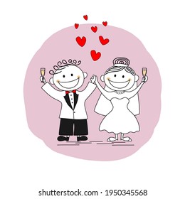 Happy just married couple toasting on their wedding day - vector illustration image