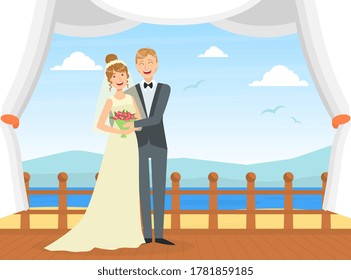 Happy Just Married Couple at Wedding Ceremony on Beach Resort, Honeymoon Vacation Flat Vector Illustration