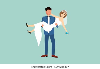 Happy just married couple,  wedding photo, bride and groom in the frame, flat vector illustration