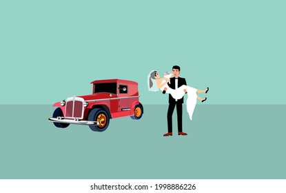 Happy just married couple,  wedding photo, bride and groom in the frame, flat vector illustration
