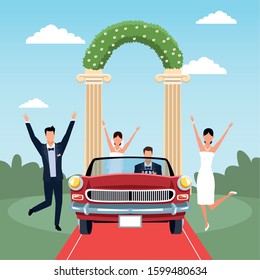 Happy Just married couples and red classic car over floral arch and landscape background, colorful design, vector illustration