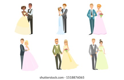 Happy Just Married Couples Set, Elegant Newlyweds, Bride and Groom Celebrating Marriage, Hugging and Holding Haands Vector Illustration