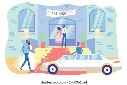 Happy Just Married Newlyweds Sit in Limousine. Man Driver Hold Car Door Waiting for Bride and Groom. Loving Couple Waving Hand to Friend Illustration. Wedding Ceremony. Preparation for Honeymoon