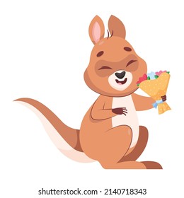 Happy kangaroo with bouquet of flowers cartoon vector illustration. Adorable mammal scenting beautiful flowers and smiling. Wildlife animal, marsupial, love concept