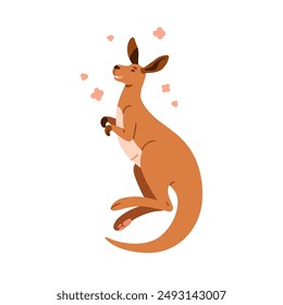 Happy kangaroo character. Adorable joyful cute marsupial jumping and bouncing with smile. Funny Australian animal hopping among flowers. Kids flat vector illustration isolated on white background