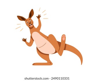 Happy kangaroo character. Cute funny joyful animal smiling, laughing, dancing. Adorable Australian marsupial, cheerful amusing fun expression. Flat vector illustration isolated on white background