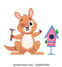 Happy kangaroo holding hummer cartoon vector illustration. Cute mammal showing thumbs up gesture, building cabin or starling and winking. Wildlife animal, marsupial concept