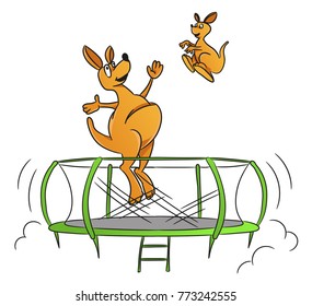 Happy kangaroo jump on the trampoline, vector. Mom and the child, Family sport.