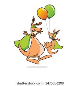 happy kangaroo kid and mother with balloon  and mask vector