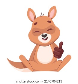 Happy kangaroo showing thumbs up gesture. Pretty mammal sitting with closed eyes on white background cartoon vector illustration. Wildlife animal, marsupial, gesturing concept