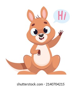 Happy kangaroo waving with paw cartoon vector illustration. Adorable mammal sitting on white background with word hi. Wildlife animal, marsupial, greeting concept