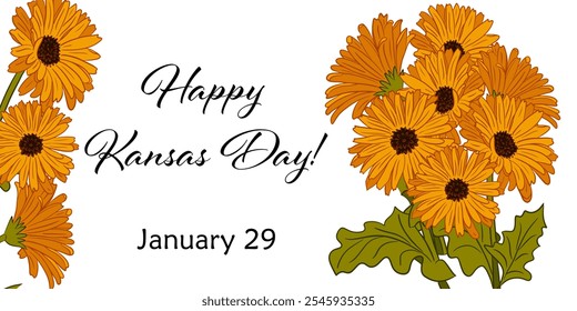 Tarjeta de felicitación feliz del día de Kansas con girasoles dibujados a mano y hojas verdes. Vector ilustración brillante y alegre para el orgullo estatal y las festividades. Diseño de vacaciones de Anuncio