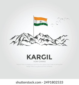 Feliz muerte de kargil vijay. 26 de julio Kargil Vijay Diwas Concepto de Diseño con Bandera India y Publicación de Medios Sociales del Ejército. Ilustración vectorial.