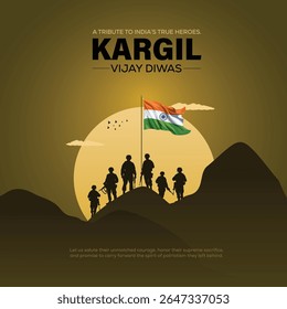 Happy kargil vijay diwas. Creative vector illustration of Indian army with flag on mountains.