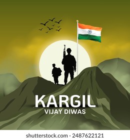 Happy kargil vijay diwas. vector illustration of Indian army standing on mountain peak with Indian flag. Creative vector illustration design