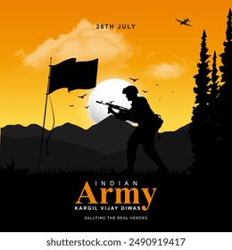 Happy kargil vijay diwas. vector illustration of Indian army standing on mountain peak. Creative vector illustration design