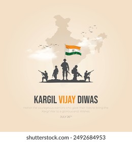 feliz kargil vijay diwas. Ilustración vectorial del ejército indio con banderas y mapa de la india 26 de julio celebrando. diseño abstracto de la Ilustración vectorial