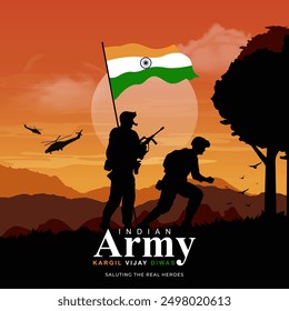 Feliz kargil vijay diwas. Ilustración vectorial del ejército indio de pie en la cima de la montaña. Diseño de Ilustración vectorial creativa