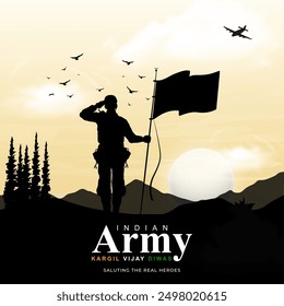 Happy kargil vijay diwas. vector illustration of Indian army standing on mountain peak. Creative vector illustration design