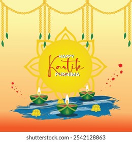 Feliz Kartik Purnima Festival tipografia e fundo com diya, flores e quadros