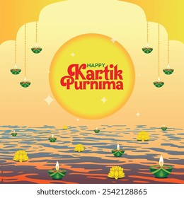 Feliz Kartik Purnima Festival tipografia e fundo com diya, flores e quadros