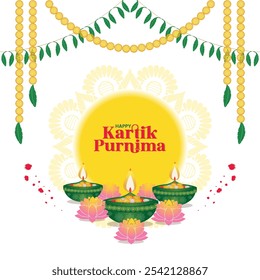 Feliz Kartik Purnima Festival tipografia e fundo com diya, flores e quadros