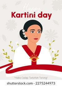 Happy Kartini Day. Kartini is Indonesian Female Hero. Asian woman with floral elements and Indonesian flag. Habis gelap terbitlah terang means After Darkness comes Light. Flat Vector Illustration