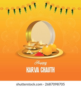 Happy Karva Chauth Hintergrunddesign mit einem Pooja Thali mit beleuchteten diya Lampen, ein Sieb (chalni), Vermillion (sindoor), und Süßigkeiten (ladoo). Festliche orange-gelbe Farbpalette.