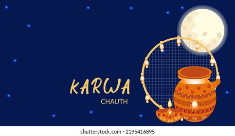 Happy Karwa Chaut festival card with traditional festive elements in form of candle, clay pot and sieve