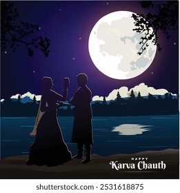 Feliz design de banner Karwa Chauth, marido e esposa com chalni