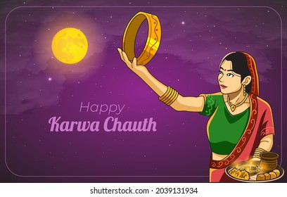 happy karwa chauth celebration banner greeting card with indian woman