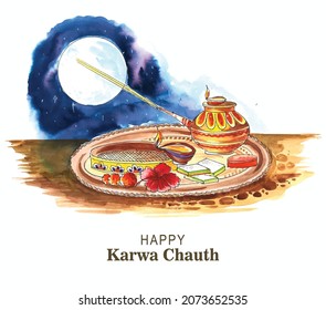 Happy karwa chauth celebration card watercolor design