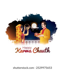 Feliz Karwa Chauth. Cultura e festival de mulheres indianas ou casal. Cartão comemorativo, cartaz, banner, postagem em mídia social, design de cartão postal.