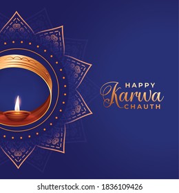 Happy karwa chauth decorative background with sieve and diya