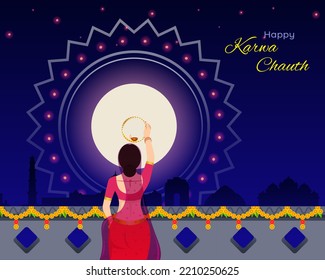 Happy Karwa Chauth festival banner. Woman looking at moon after full day fast.