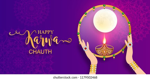 Happy Karwa Chauth festival card with gold patterned and crystals on paper color Background.