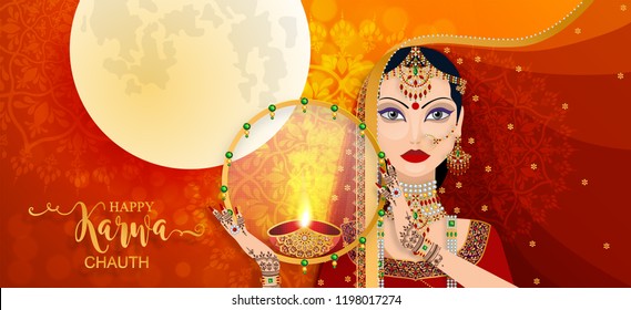 Happy Karwa Chauth festival card with gold patterned and crystals on paper color Background.