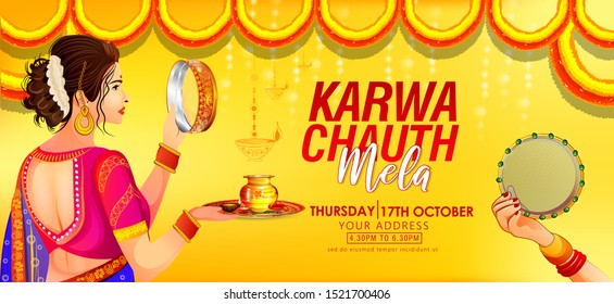 Happy Karwa Chauth festival card with Karva Chauth is a one-day festival celebrated by Hindu women from some regions of India,