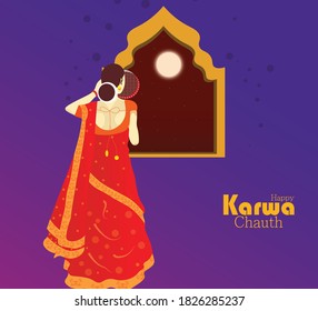 Happy Karwa Chauth festival card with Karva Chauth is a one-day festival celebrated by Hindu women from some regions of India.