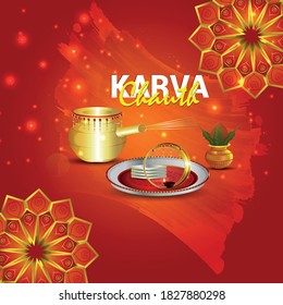 Happy Karwa Chauth festival card with diya and karwa chauth equipment and Background.