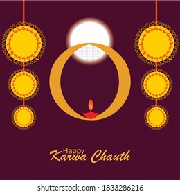 Happy Karwa Chauth festival card with Karva Chauth is a one-day festival celebrated by Hindu women from some regions of India,vector illustration.