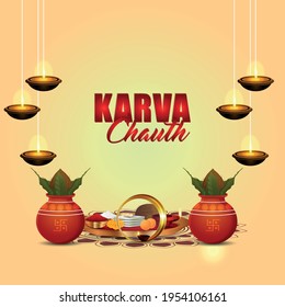 Happy karwa chauth festival greeting card with creative decorative chalani and kalash