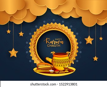 Happy karwa chauth festival of indian married couples. married women fast for her husbands. creative illustration with mandala and karwa chauth elements pooja thali.