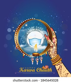 Happy Karwa Chauth festival, Indian women watching moon and celebrating Karva Chauth, typography, luxury decoration, sky and moon with mask background.