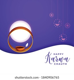 Happy karwa chauth greeting card with sieve diya and moon