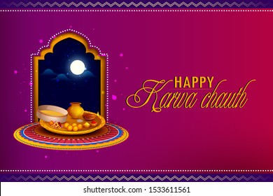 Happy Karwa Chauth greetings background for festival celebration holiday of India. Vector illustration