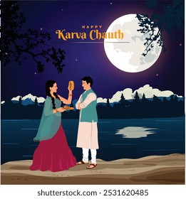 Feliz festival indio de Karwa Chauth de esposo y esposa, diseño de Anuncio a orillas del río