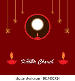 Happy Karwa Chauth with moon and diya ,Vector illustration.