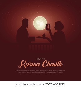 Feliz Karwa Chauth Social Media Post y tarjeta de felicitación. Festival hindú Celebración de Karwa Chauth Ilustración vectorial de diseño creativo