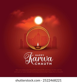 Feliz post y saludos en las redes sociales de Karwa Chauth. Festival hindú Celebración de Karwa Chauth Ilustración vectorial de diseño creativo